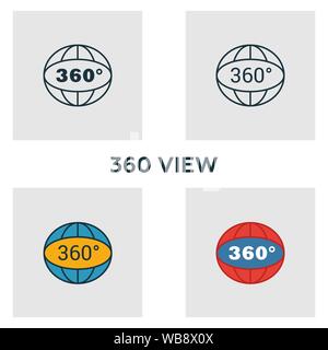 360 Symbol anzeigen. Vier Elemente in verschiedenen Stilrichtungen von Visual device icons Collection. Kreative 360 Ansicht Icons, Outline, farbige und flach Stock Vektor