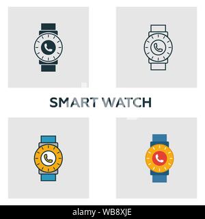 Smart Watch Icon Set. Vier Elemente in verschiedenen Stilrichtungen von Visual device icons Collection. Creative smart watch Icons, Outline, farbige und Stock Vektor