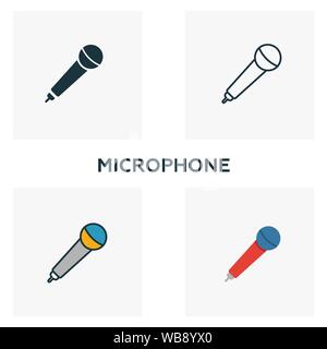 Symbol Mikrofon eingestellt. Vier Elemente in verschiedenen Stilrichtungen von audio Schaltflächen Symbole Sammlung. Kreative Mikrofon Icons, Outline, farbige und flach Stock Vektor