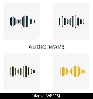 Audio Wave Icon Set. Vier Elemente in verschiedenen Stilrichtungen von audio Schaltflächen Symbole Sammlung. Creative Audio wave Icons, Outline, farbige und flach Stock Vektor