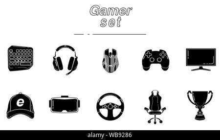 Gaming glyph Icon Set. Esports Ausrüstung. Computer Spiel Geräte. Silhouette Symbole. Negativer Platz. Vektor isoliert Abbildung Stock Vektor