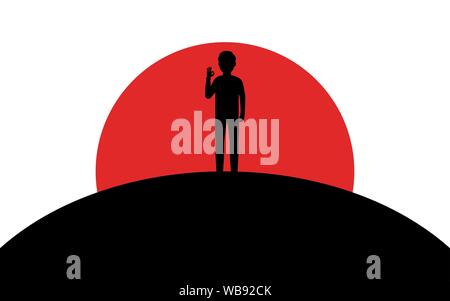 Ein Mann zeigt eine Geste okay, ein Kerl steht auf einem Hügel, Sonnenuntergang, silhouette Kunst Bild, Vector Illustration auf weißem Hintergrund Stock Vektor