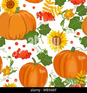 Vector pattern mit orangefarbenen Kürbisse, Blätter, Cluster von Mountain Ash und helle Sonnenblumen auf weißem Hintergrund. Die Ernte. Geeignet als Hintergrund Stockfoto
