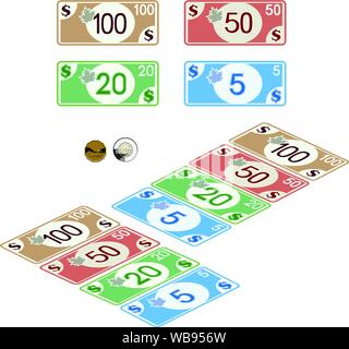 Kanadische Geld, Wechsel 5, 10, 20, 50 & 100, Münzen 1&2 Dollar. Full Color Graphic Renderings Stock Vektor