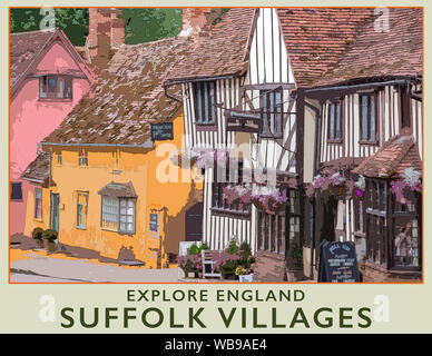 Travel Poster von einem Foto des malerischen Dorfes Kersey und der Bell Inn, Suffolk, England, UK. Stockfoto