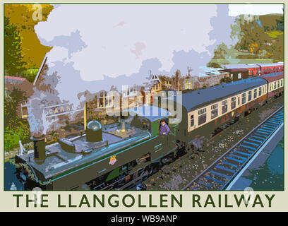 Travel Poster aus einem Foto der Llangollen Railway Station, an Carrog Denbighshire, North Wales, UK. Stockfoto