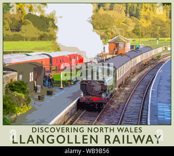 Travel Poster aus einem Foto der Llangollen Railway Station, an Carrog Denbighshire, North Wales, UK. Stockfoto