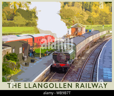 Travel Poster aus einem Foto der Llangollen Railway Station, an Carrog Denbighshire, North Wales, UK. Stockfoto