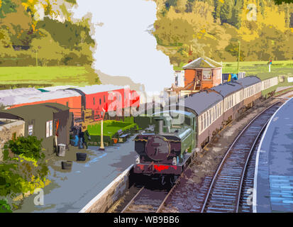 Travel Poster aus einem Foto der Llangollen Railway Station, an Carrog Denbighshire, North Wales, UK. Stockfoto