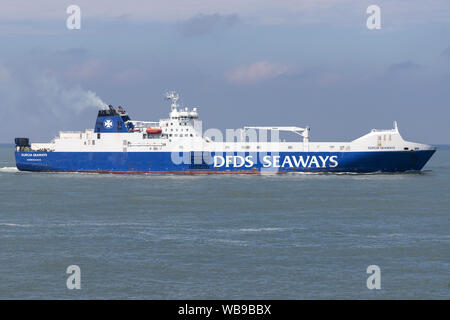 SUECIA SEAWAYS inbound Rotterdam. DFDS Seaways ist eine große dänische Reederei, die den Personen- und Güterverkehr in ganz Nordeuropa. Stockfoto