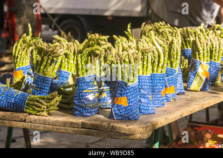 Sparrow gras Bundles (Asparagus officinalis) zu einem Bauernmarkt in Paris, Frankreich, Europa verkauft. Stockfoto