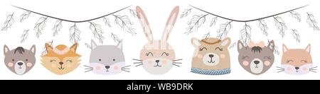 Banner frei, Wild, mutig mit Tiere Katze, Wolf, Bär, Fuchs, Hase und Federn, Pfeile im skandinavischen Stil. Kinder- Set Stock Vektor