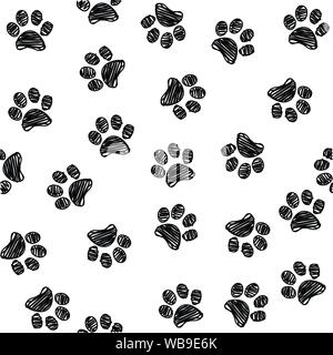 Nahtlose Muster mit Doodle Hundepfoten. Schwarze Farbe Animal-print. Vector Hintergrund. Stock Vektor