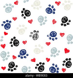 Nahtlose Hintergrund mit Herzen und Footprint, Pfoten Stock Vektor