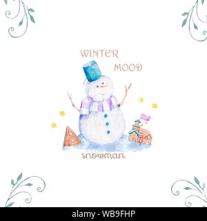 Aquarell Weihnachten Schneemann, handgezeichnete Cartoon-Illustration für Baby-T-Shirt-Print, Mode-Print-Design, Kinder tragen, Baby-Dusche Feier Stockfoto