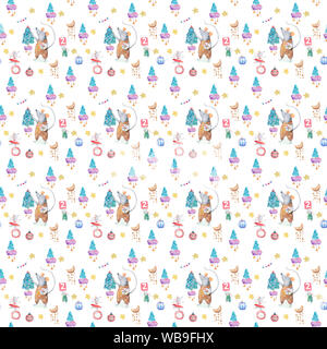 Aquarell Merry Christmas nahtlose Muster mit weihnachten Sprunce Baum und Ratte und Haus, Urlaub niedlichen Baby Maus Tiere. Weihnachtsbaum Stockfoto