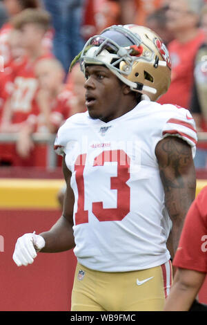 24.August 2019: Während der pregame Warm-ups wide receiver Richie James (13) der San Francisco 49ers dauert einen Moment in der Woche 3 preseason Spiel, wo die San Francisco 49ers besuchten die Kansas City Chiefs in Arrowhead Stadium in Kansas City statt, um sich zu entspannen, MO Richard Ulreich/CSM Stockfoto