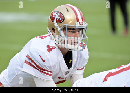 24.August 2019: Während der pregame Warm-ups quarterback Nick Mullens (4) der San Francisco 49ers läuft durch Übungen in der Woche 3 preseason Spiel, wo die San Francisco 49ers besuchten die Kansas City Chiefs in Arrowhead Stadium in Kansas City, MO Richard Ulreich/CSM Stockfoto