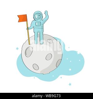 Vector Illustration, ein Mann in einem Raumanzug, ein Astronaut im Weltraum, eine Orange Flagge auf dem Hintergrund der blauen Sternenhimmel. Der erste Schritt auf dem Mond, die c Stock Vektor