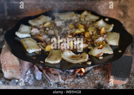 Salo ist in einer Pfanne in einem Ofen auf ein Feuer gebraten. Die Röstung Schmalz im Grill. Barbecue im Sommer im Freien. Schweinefett auf dem Scheiterhaufen. Kochen Street Food. r Stockfoto