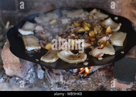 Salo ist in einer Pfanne in einem Ofen auf ein Feuer gebraten. Die Röstung Schmalz im Grill. Barbecue im Sommer im Freien. Schweinefett auf dem Scheiterhaufen. Kochen Street Food. r Stockfoto