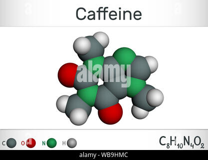 Alkaloid Koffein Molekül. Strukturelle chemische Formel und Molekül-Modell. Molekülmodell. Illustration, 3D-Rendering Stockfoto