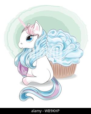 Magic White unicorn mit einem Rosa und blaue Mähne, einen Schwanz, eine blaue Augen, mit Cupcake für t-shirt Druck verwendet werden können, kids wear Fashion design, baby dusche Stock Vektor