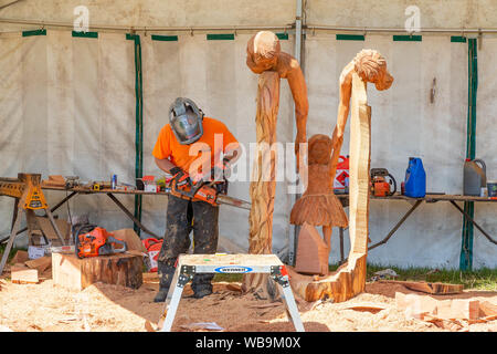 Knutsford, Cheshire, UK. 25. Aug 2019. Die 15 englischen Öffnen Kettensäge Wettbewerb im Cheshire County Showground, England - John Hayes aus Irland schnitzt seine Ausstellung Credit: John Hopkins/Alamy leben Nachrichten Stockfoto