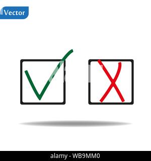 Symbol markieren und Kreuz. Isolierte rote und grüne Häkchen mit einem Pinsel gemalt. Grunge. Eps 10. Stock Vektor