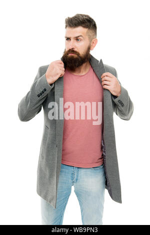 Bärtige hipster brutale Person. Casual Outfit. Schule des guten Benehmens. Tipps und Tricks gut aussehender Mann. Attraktiv und schön. Bärtige und stattlich. Selbstverbesserung Konzept. Wie gefällt Ihnen mein Stil. Stockfoto