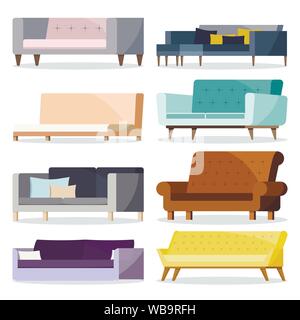 Isolierte farbige andere Form weich und leder Sofa mit Kissen Icon Set. Stock Vektor