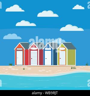 Sommer Meer Seite Landschaft mit Gras, Hütten, Sand, Steine, Wolken, blau, grün, orange, rot gestreift Haus mit nameplaten am Strand zu vermieten Stock Vektor