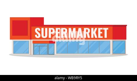 Modernen Supermarkt Gebäude Symbol mit Platz für ihr Logo isoliert auf weißem Hintergrund mit Schatten, Flachbild Cartoon Stil Vector Illustration. Stock Vektor