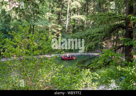 Manali, Himachal Pradesh, Indien - Mai 07, 2019: Foto von Touristen genießen Bootfahren in Van Vihar Nationalpark im Himalaya Stockfoto