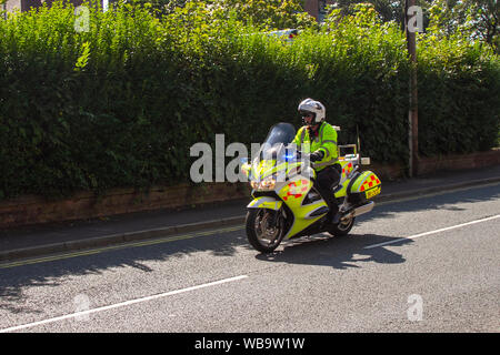 NW Blood Bikes Rapid response Medical Transport Service, NHS Emergency Motorcycle, Riders Volunteers Lancs and Lakes at Leyland, UK. North West Blood Bikes, Kurier dringend und Notfall medizinische Gegenstände in Lancashire Stockfoto