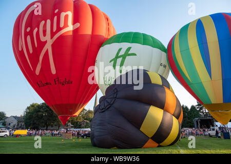 Strathaven, Schottland, Großbritannien. 25 Aug, 2019. Heißluftballons tethered Startbereit in Strathaven Ballon Festival, das in diesem Jahr feiert das 20-jähriges Jubiläum und ist in der preisgekrönten Strathaven Park gehalten. Das Festival zieht die Piloten und Besucher aus ganz Europa, mit über 25.000 Zuschauern, die über das Wochenende. Credit: Skully/Alamy leben Nachrichten Stockfoto