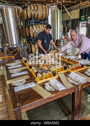 Snacks und Bier Verkostung Zwillingsschwestern Brewing Co. Es ist in einem Rekonstruierten ware Haus am Rande eines Bellingham, WA, industrial district. Essen einschließlich ihrer Unterschrift Hamburger und lokal Bier reicht von einzigartigen (Erdbeere Zwickelbier mit echten Erdbeeren gemacht gebraut) auf ihre Bellingham Grün IPA. Stockfoto