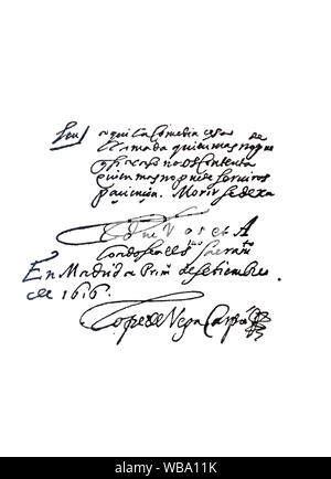 Verse handschriftliche und unterzeichnet von Lope de Vega, Spanisch Golden Age Dramatiker Stockfoto
