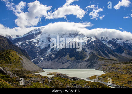 Blick auf den Beginn der Hooker Valley Track, Aoraki Nationalpark Stockfoto