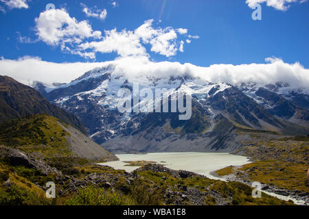 Blick auf den Beginn der Hooker Valley Track, Aoraki Nationalpark Stockfoto