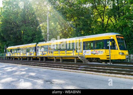 Stuttgart, Deutschland, 16. August 2019, Gelber Zug der ssb Linie u 34 auf Vogelsang am Bahnhof suedheimer Platz warten neben dem grünen Wald t Stockfoto