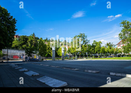 Stuttgart, Deutschland, 16. August 2019, schönen Platz namens suedheimer Platz, dem Ausgangspunkt der Seilbahnen der Standseilbahn in Stuttgart. Stockfoto