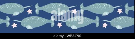 Narwhal nahtlose grenzüberschreitende Muster mit Sternen. Eine niedliche Hand gezeichnet Sea Life vektor design ideal für Flachbandkabel, Band oder Randstreifen. Stock Vektor