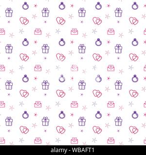 Hochzeit Hintergrund nahtlose Vektor Muster. Liebe, Romantik flache Linie Symbole - Herzen, Verlobungsring, Geschenk, Valentinstag Karte. Stock Vektor