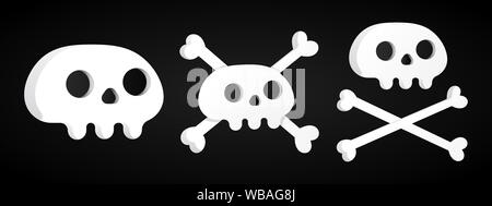 3 Einfache flache Design Sculls mit gekreuzten Knochen set Symbol zeichen Vector Illustration auf schwarzen Hintergrund isoliert. Menschliche teil Kopf, Jolly Roger Pira Stock Vektor