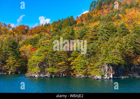 Schönen Herbst Laub Landschaft Landschaften. Herbst ist voll von herrlichen Farben. See Towada, klaren, blauen Himmel und Wasser, weisse Wolke, sonnigen Tag. Aomori Stockfoto