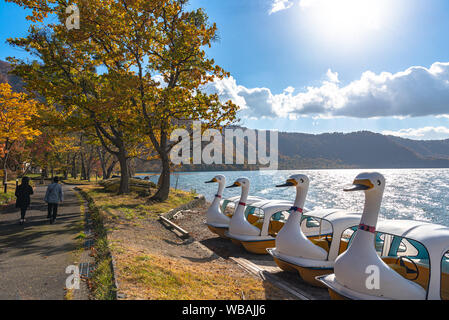 Schönen Herbst Laub Landschaft Landschaften der See Towada in sonniger Tag. Blick vom Lakeside pier, Swan Yachten in den Vordergrund, klarer Himmel, blaue Wasser Stockfoto