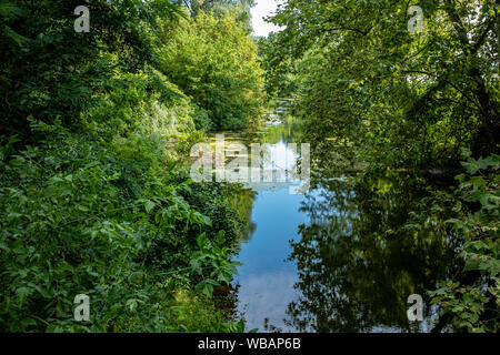 Ruhigen Fluss mit dichter Vegetation gesäumt mit Sky auf dem Wasser spiegelt, Les Côtes-d'Arey, Frankreich Stockfoto