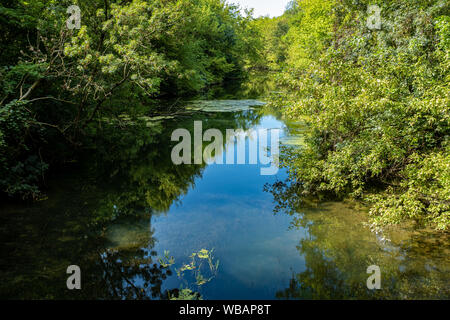 Ruhigen Fluss mit dichter Vegetation gesäumt mit Sky auf dem Wasser spiegelt, Les Côtes-d'Arey, Frankreich Stockfoto