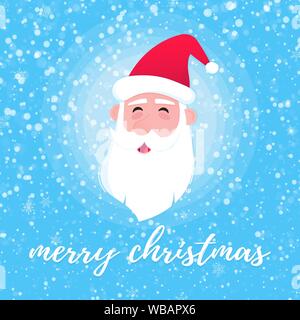 Santa Claus Kopf mit Hut, Bart und lächelndes Gesicht flacher Stil Charakter Vector Illustration. Heiligabend Maskottchen symbol Plakat mit Text merry christm Stock Vektor